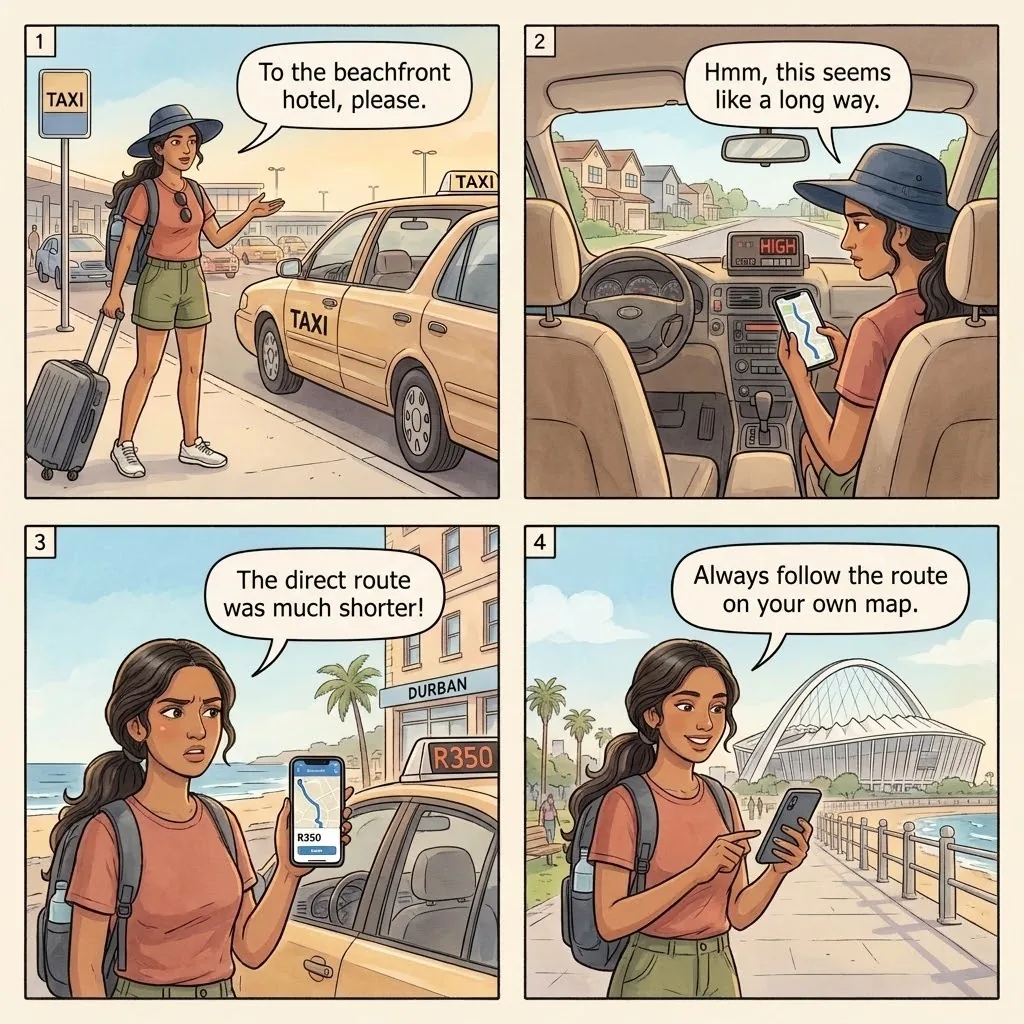 Metered Taxi Detour and Overcharge — comic illustration