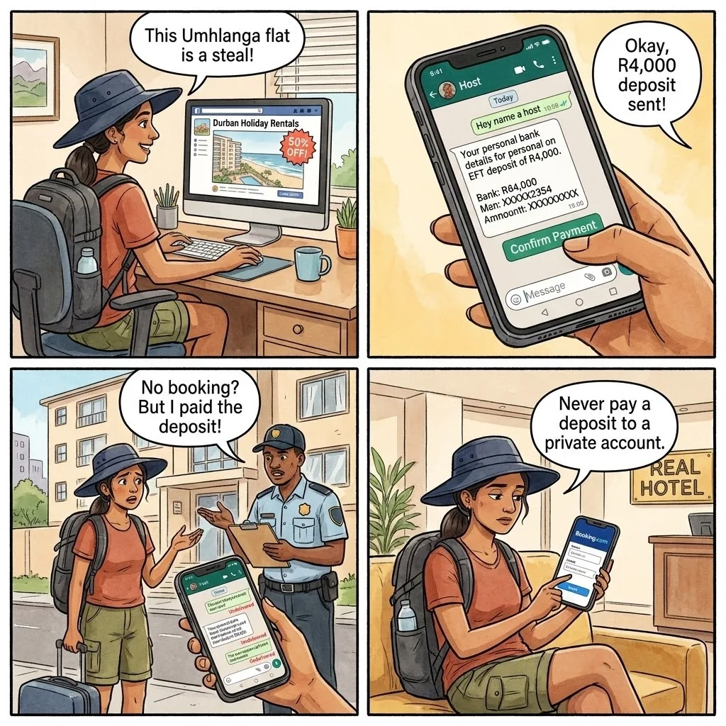 Fake Accommodation Booking Fraud — comic illustration
