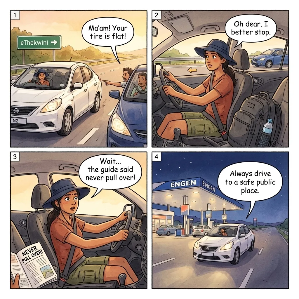 Flat Tire Signal and Roadside Robbery — comic illustration