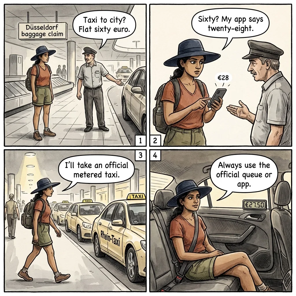 DUS Airport Taxi Scammers & 'Flat Rate' Overcharge — comic illustration