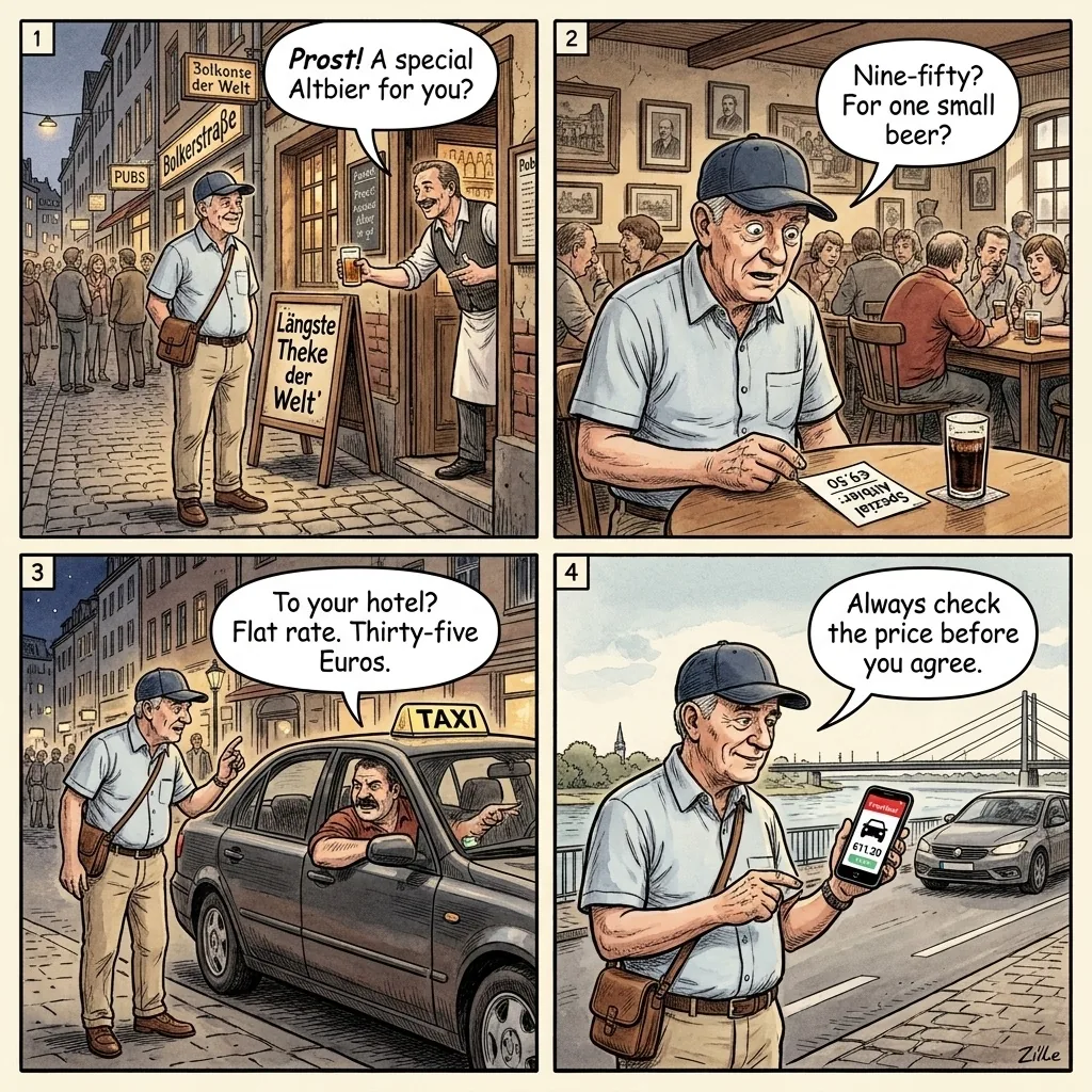 Altstadt 'Longest Bar in the World' Overcharge & Taxi Hustle — comic illustration