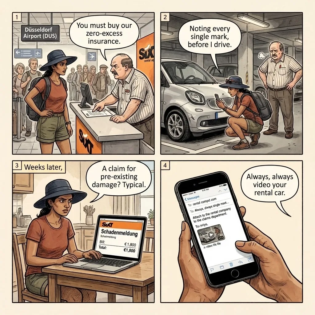 Düsseldorf Sixt / Europcar Rental Car Damage-Claim Scam — comic illustration