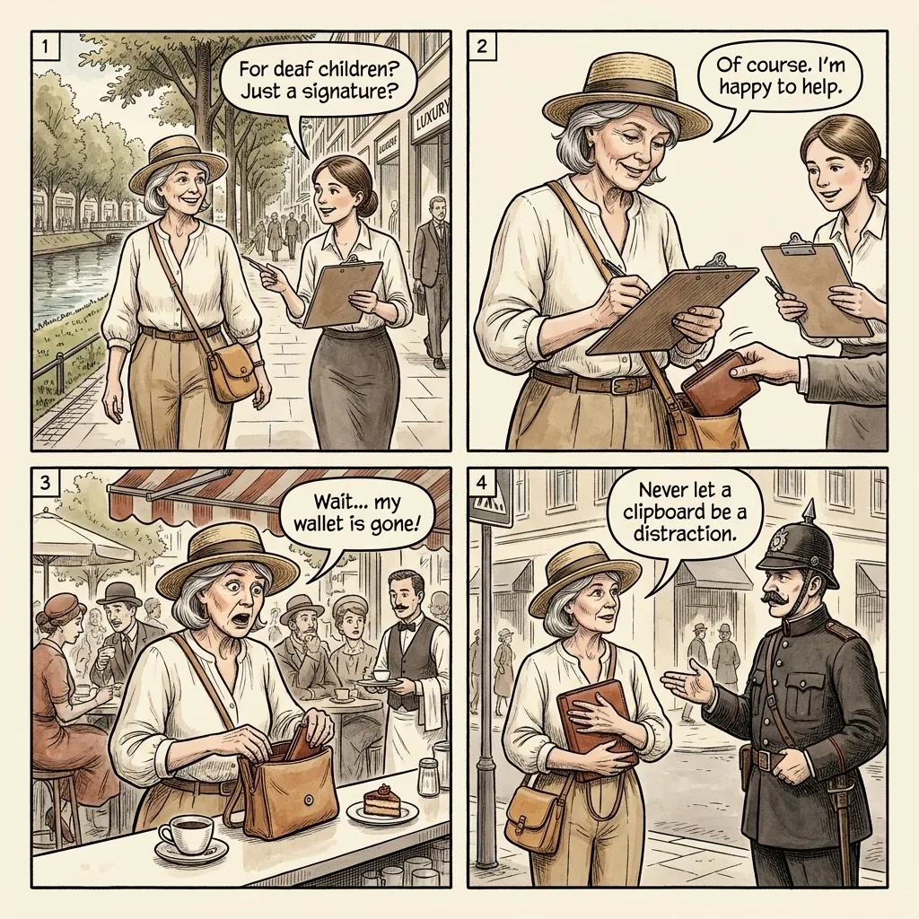 Düsseldorf Königsallee & Altstadt Petition/Pickpocket Distraction — comic illustration