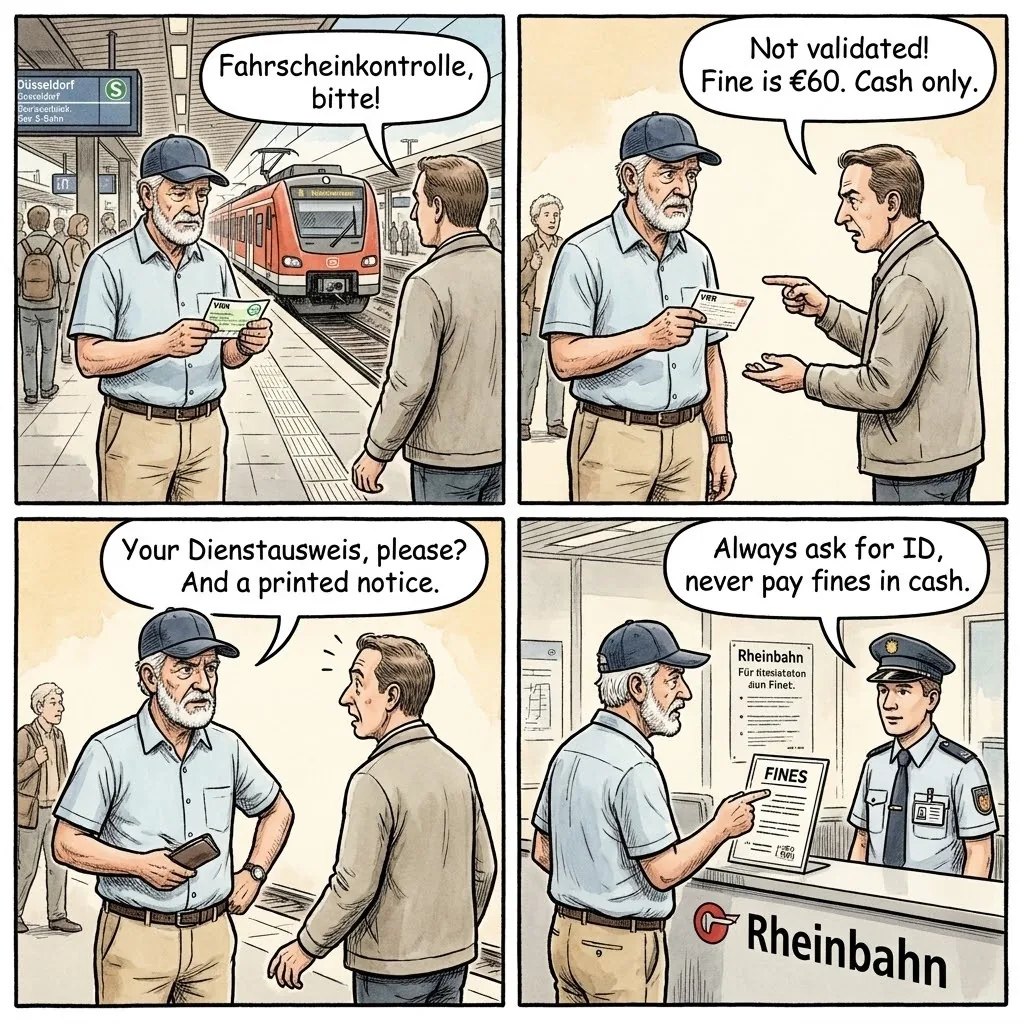 Fake VRR/Rheinbahn Ticket Inspector Cash-Fine Scam — comic illustration