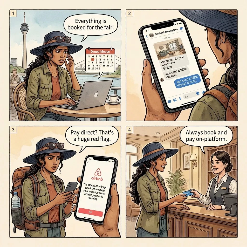 Düsseldorf STR & Messe-Week Apartment Rental Fraud — comic illustration