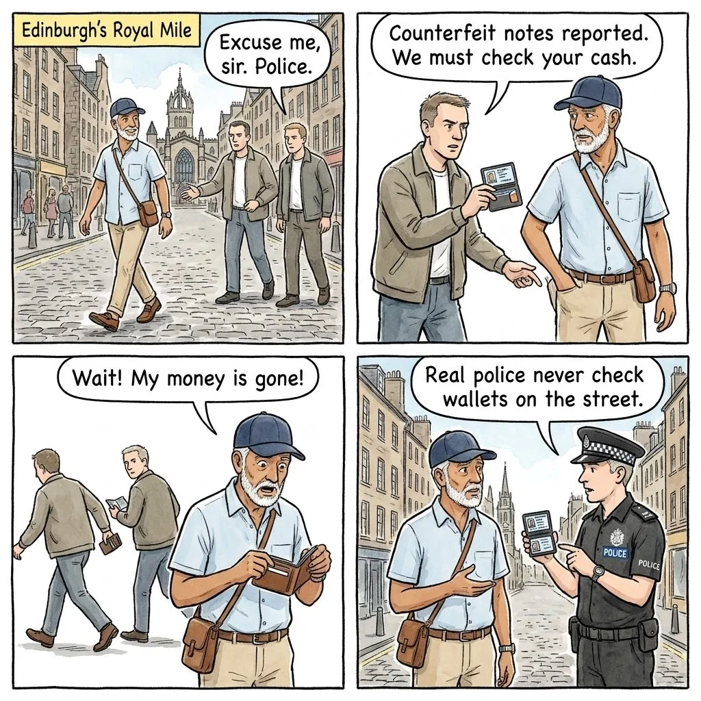 The Royal Mile Counterfeit-Note Wallet Check — comic illustration