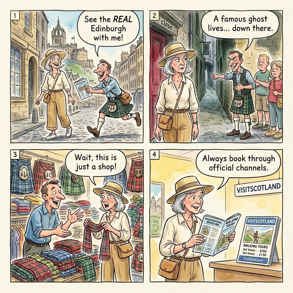 The Royal Mile Tartan Vault-Tour Tout — comic illustration