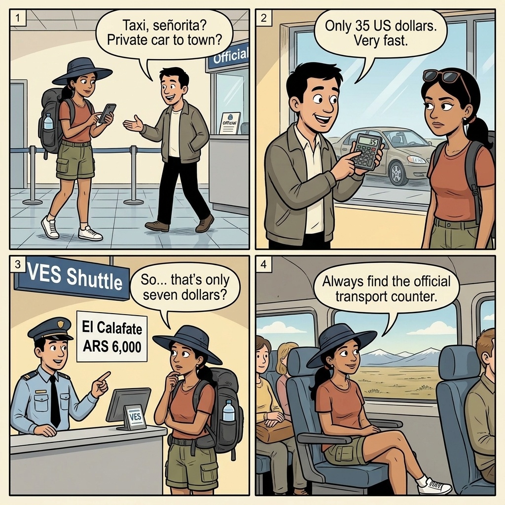 FTE Airport Taxi Overcharge vs. VES Shuttle — comic illustration