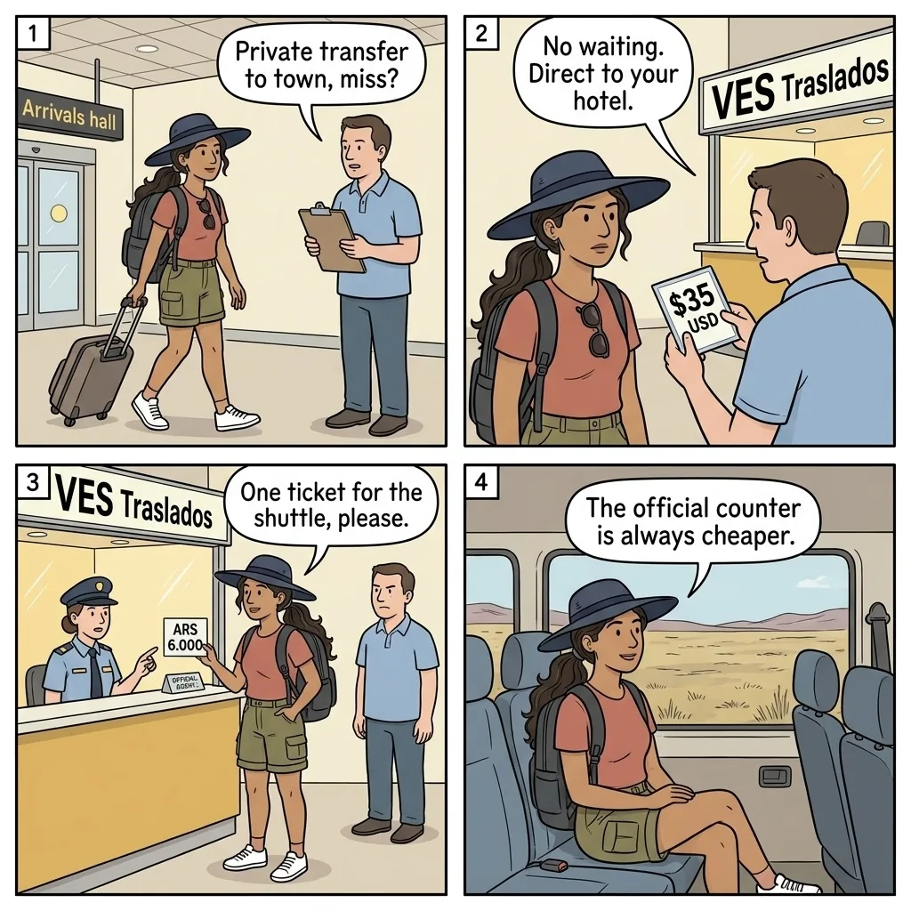 FTE Airport Taxi Overcharge vs. VES Shuttle — comic illustration