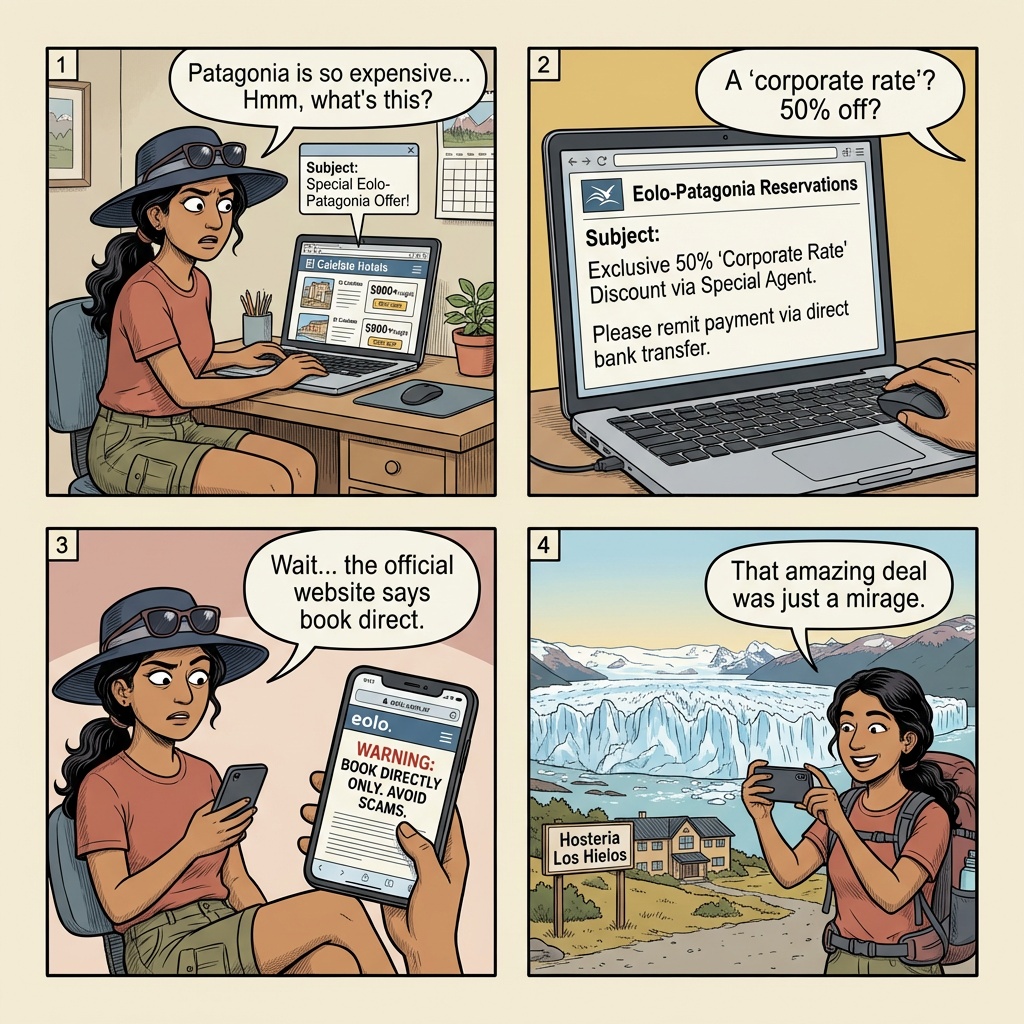 El Calafate Hotel & Estancia Booking Fraud — comic illustration