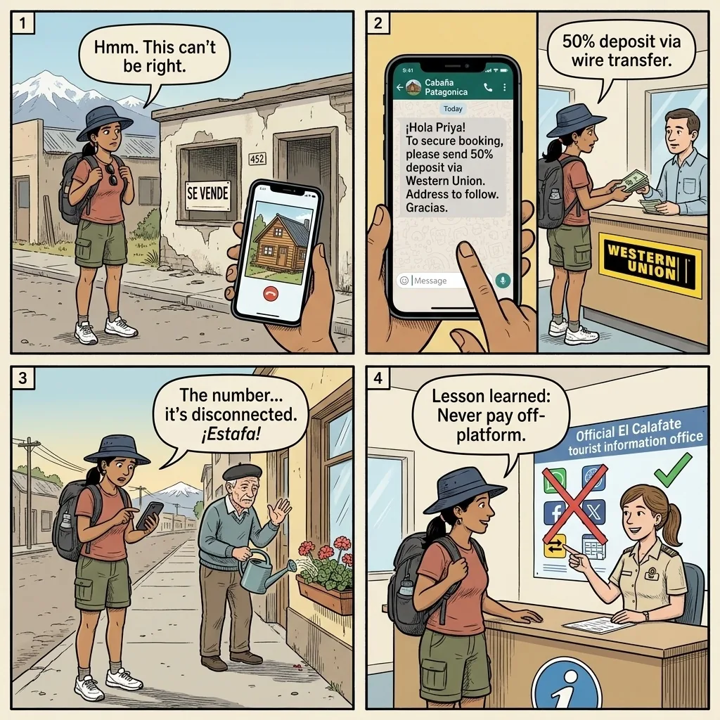 El Calafate Hotel & Estancia Booking Fraud — comic illustration