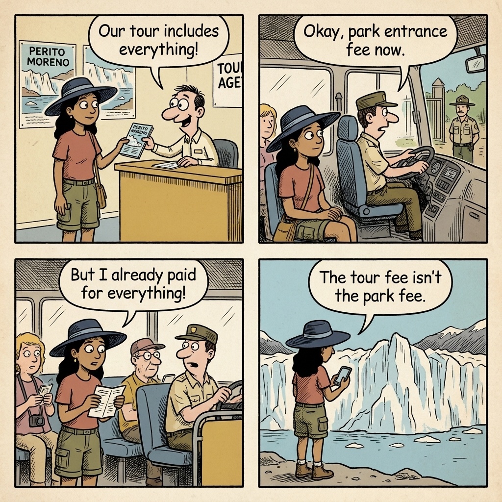 Los Glaciares National Park Entrance Surprise & 'Tour Includes Everything' Deception — comic illustration