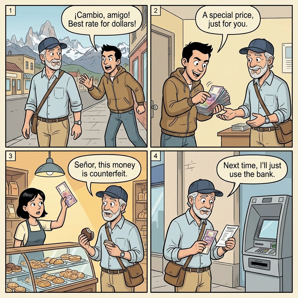 El Calafate 'Cambio' Touts & Bus-Terminal Counterfeit Peso Exchange — comic illustration