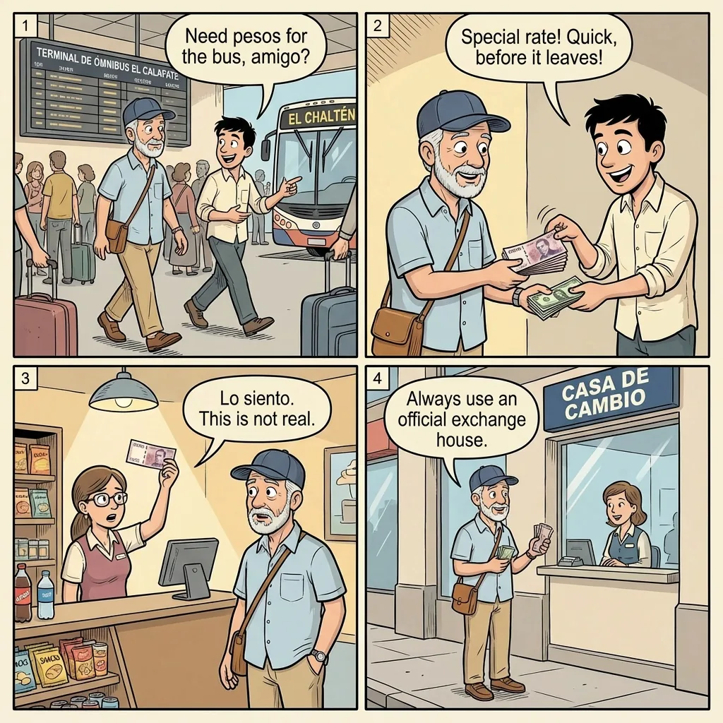 El Calafate 'Cambio' Touts & Bus-Terminal Counterfeit Peso Exchange — comic illustration