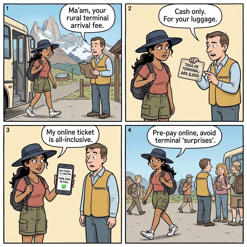 El Chaltén Bus Terminal Fee & Chaltén Travel Confusion — comic illustration