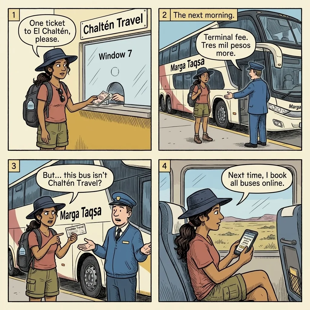 El Chaltén Bus Terminal Fee & Chaltén Travel Confusion — comic illustration