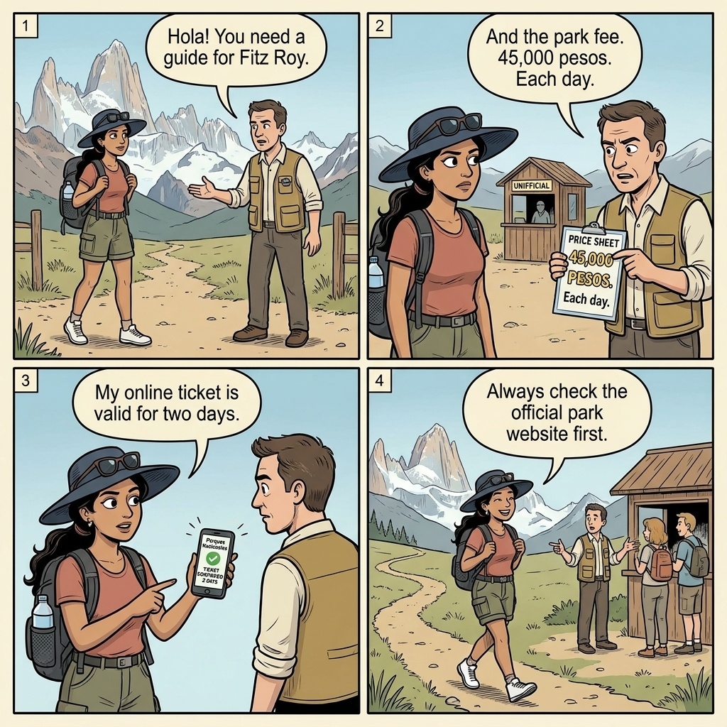 Los Glaciares Park (El Chaltén Sector) Hiking Fee Confusion — comic illustration