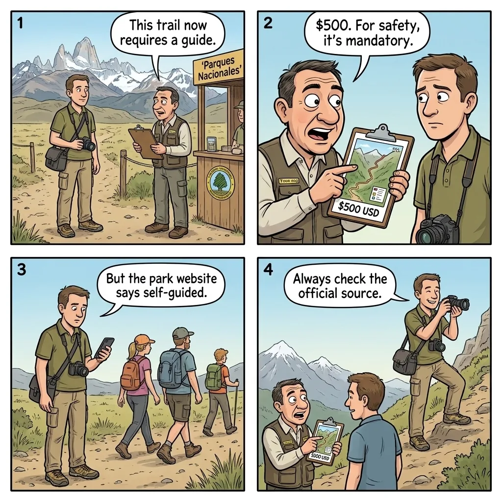 Los Glaciares Park  Hiking Fee Confusion — comic illustration