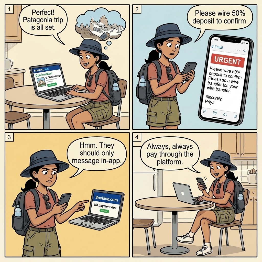 El Chaltén Booking.com Pre-Payment Phishing & Off-Platform Lodge Fraud — comic illustration