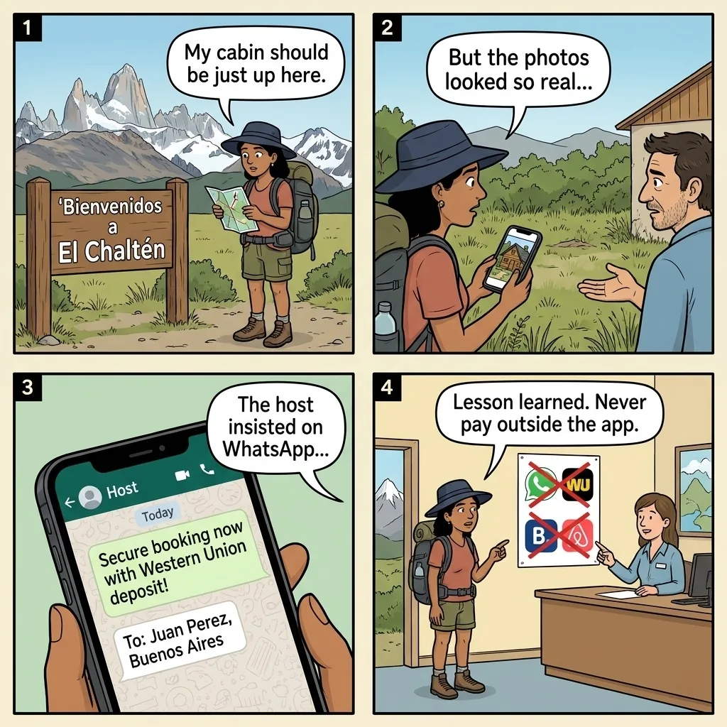 El Chaltén Booking.com Pre-Payment Phishing & Off-Platform Lodge Fraud — comic illustration