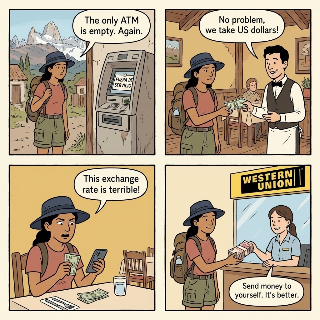 El Chaltén USD-Cash & Dollar-Blue Exchange Markups — comic illustration
