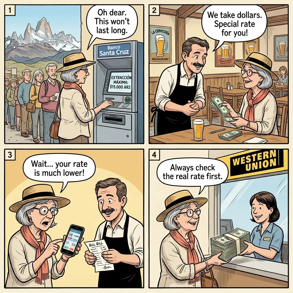El Chaltén USD-Cash & Dollar-Blue Exchange Markups — comic illustration