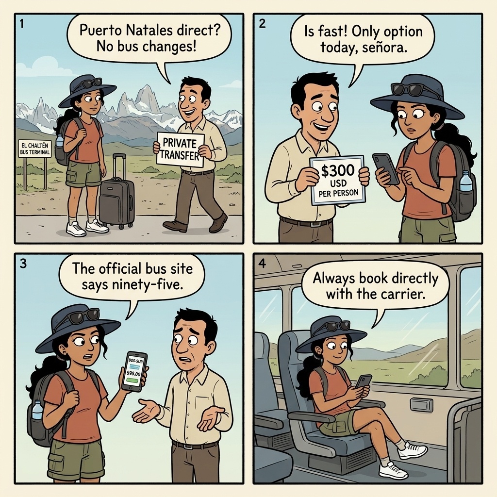 El Chaltén Cross-Border Chile (Puerto Natales) Logistics Scams — comic illustration