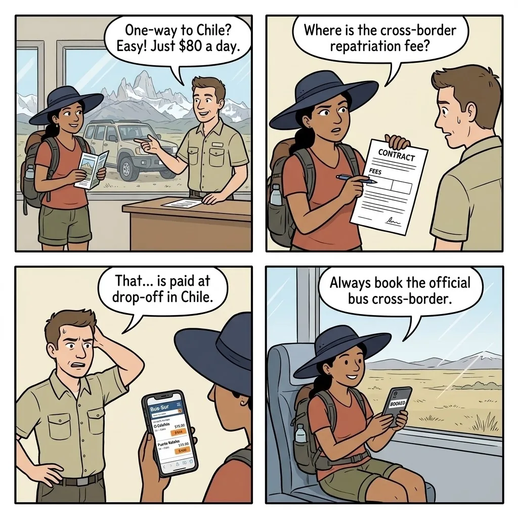 El Chaltén Cross-Border Chile  Logistics Scams — comic illustration