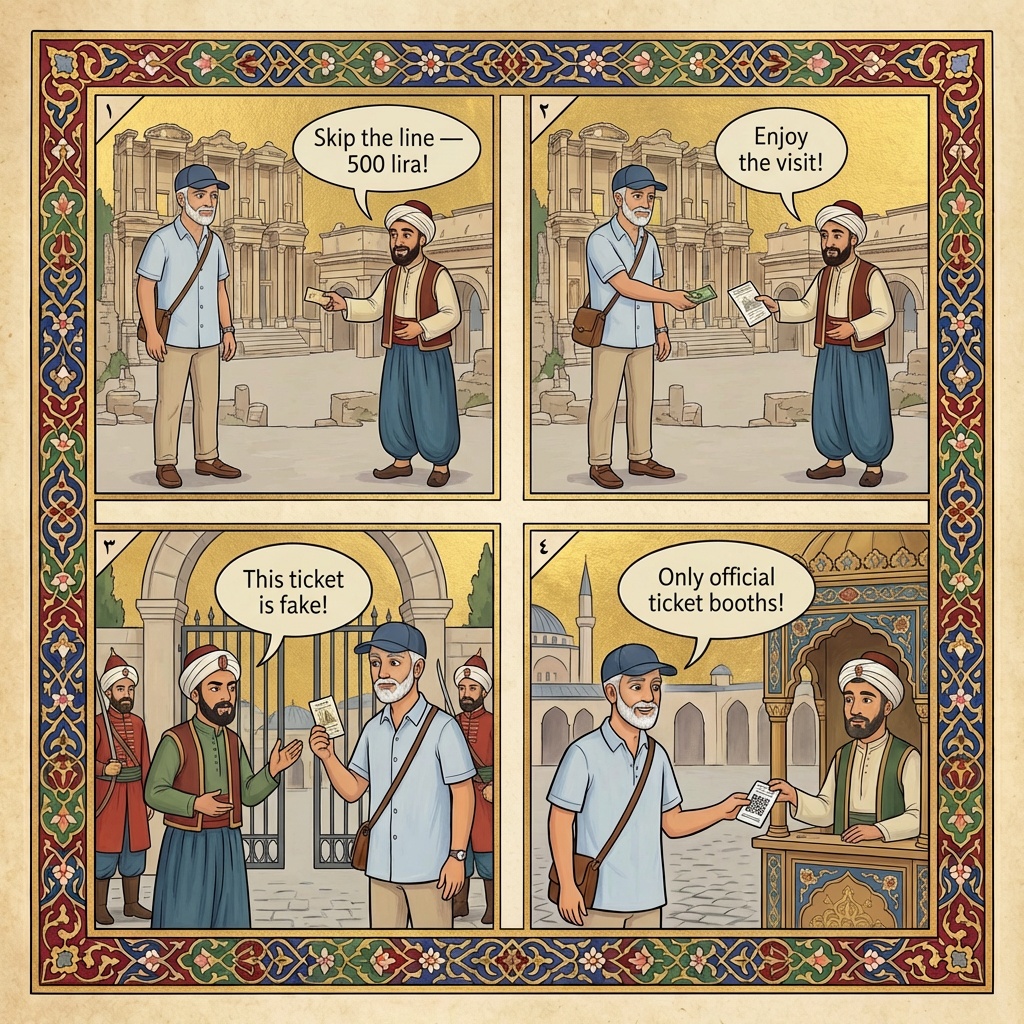 Fake Ephesus 'Skip-the-Line' Ticket Reseller Sites — comic illustration