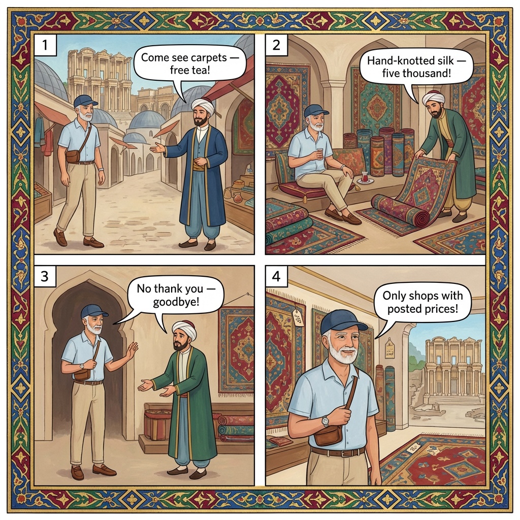 Mandatory Carpet-Shop Stop on Private Ephesus Tours — comic illustration