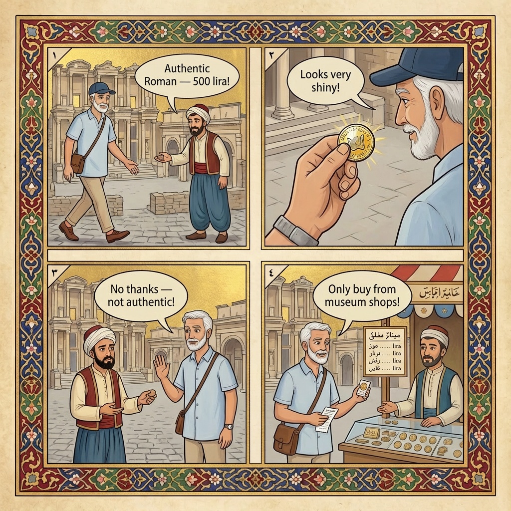 On-Site Ephesus Vendor 'Authentic Roman Coin' Sales — comic illustration