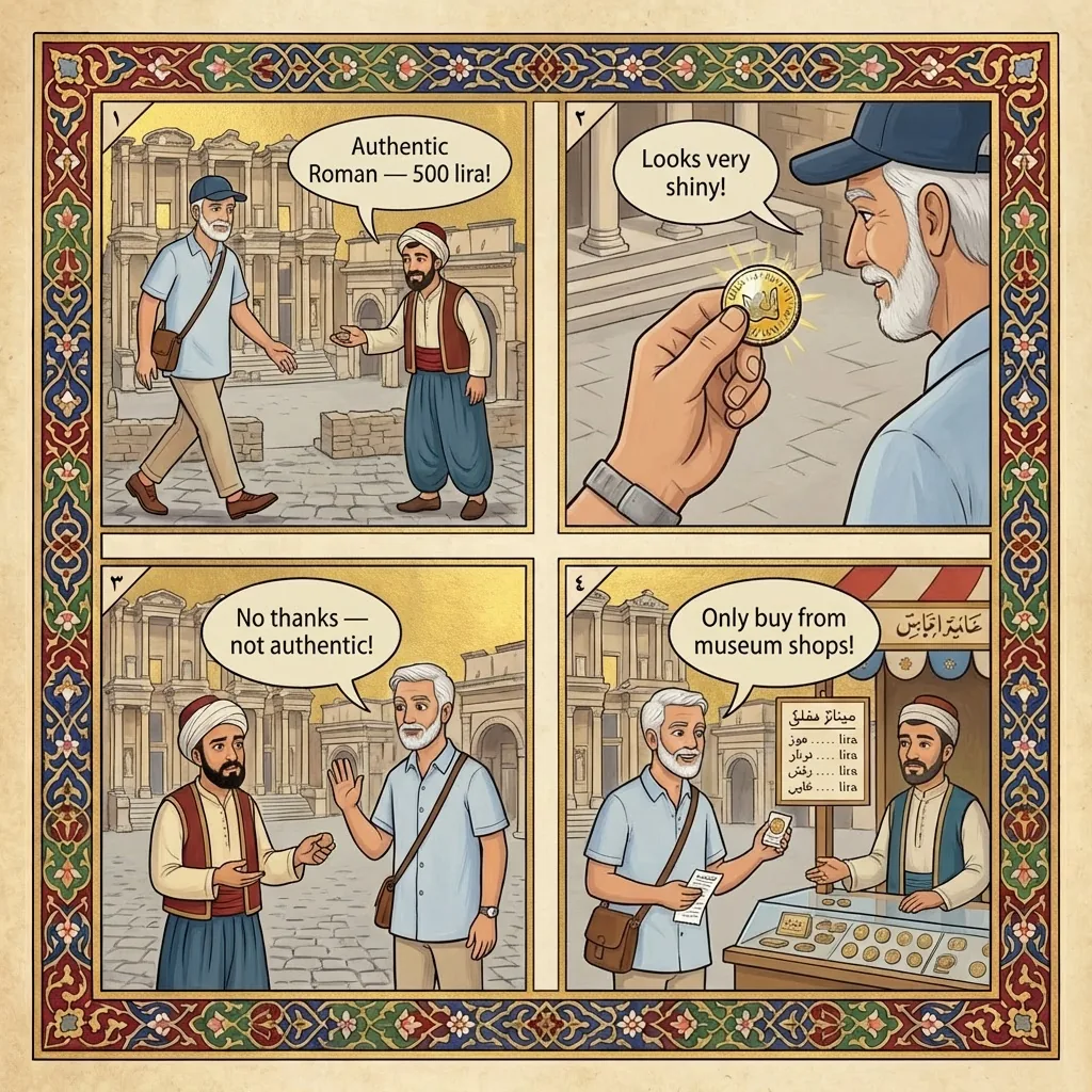 The Library of Celsus Coin Trick — comic illustration
