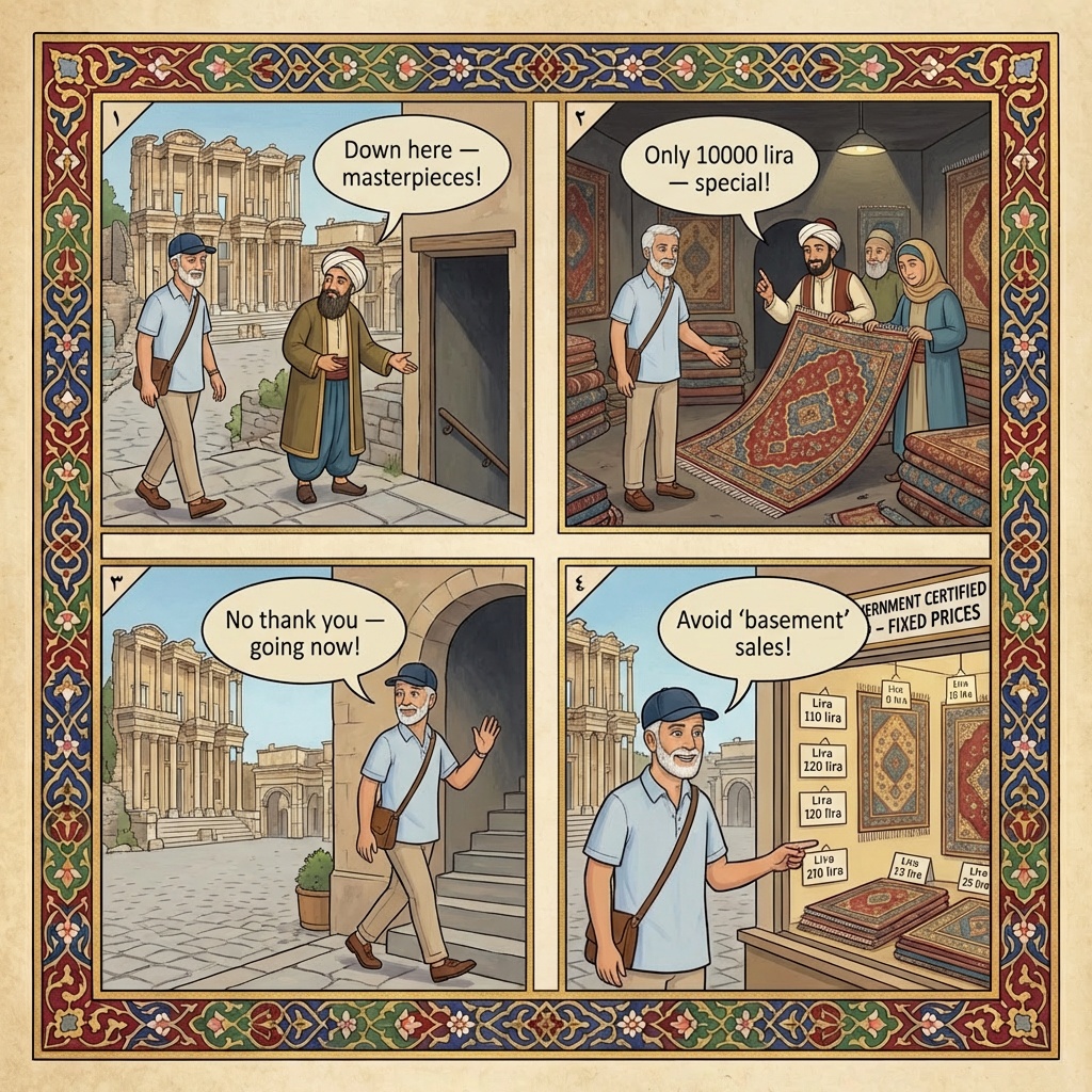 Selçuk Old Town Carpet Shop 'Basement' Pressure Sale — comic illustration