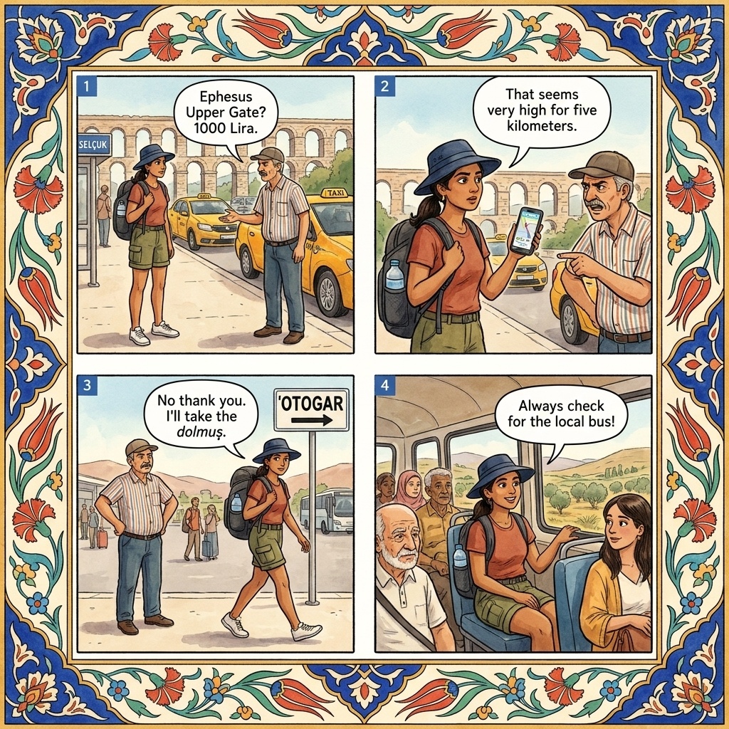 Selçuk-to-Ephesus Taxi Overcharge — comic illustration