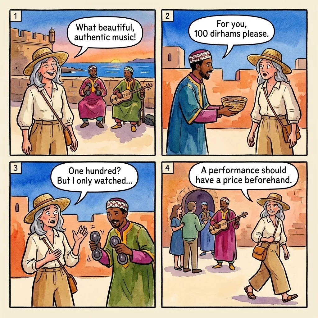 Place Moulay Hassan Gnawa Music Donation — comic illustration
