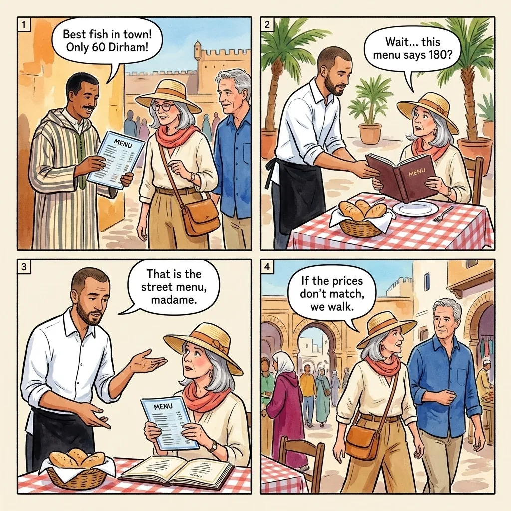 Place Moulay Hassan Restaurant Menu Switch — comic illustration