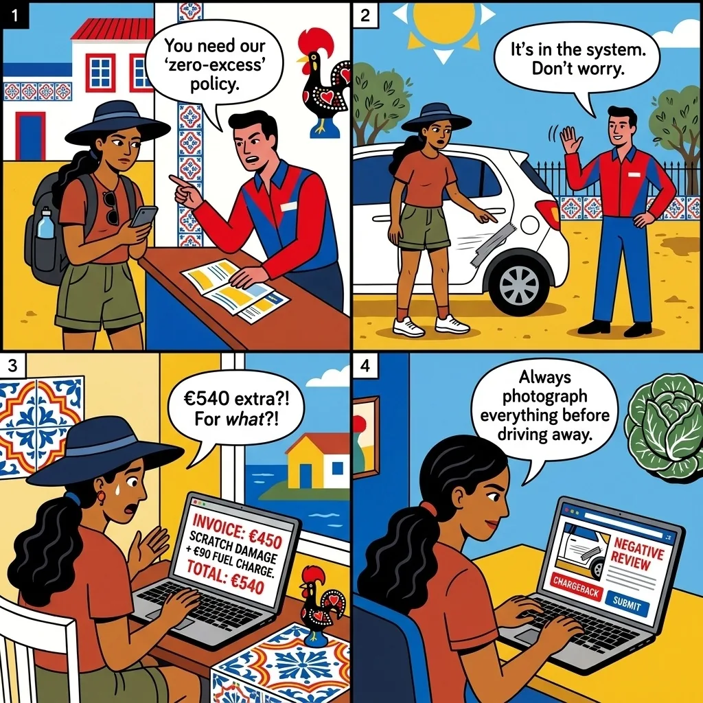 Klass Wagen Faro — Post-Rental Damage Fraud & Rigged Fuel Gauges — comic illustration