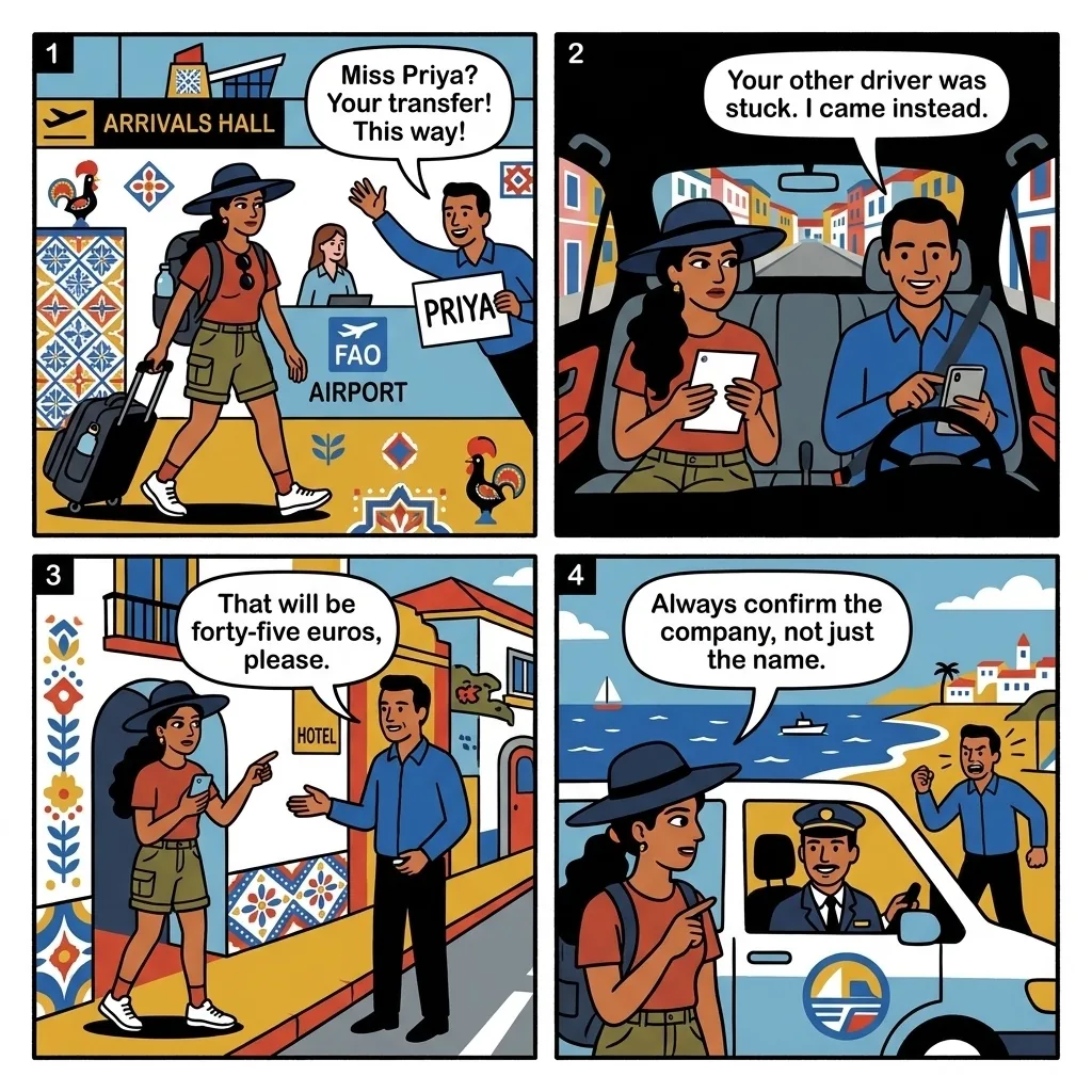 FAO Airport 'Entry-Point Transfer' Scam & Taxi Overcharge — comic illustration