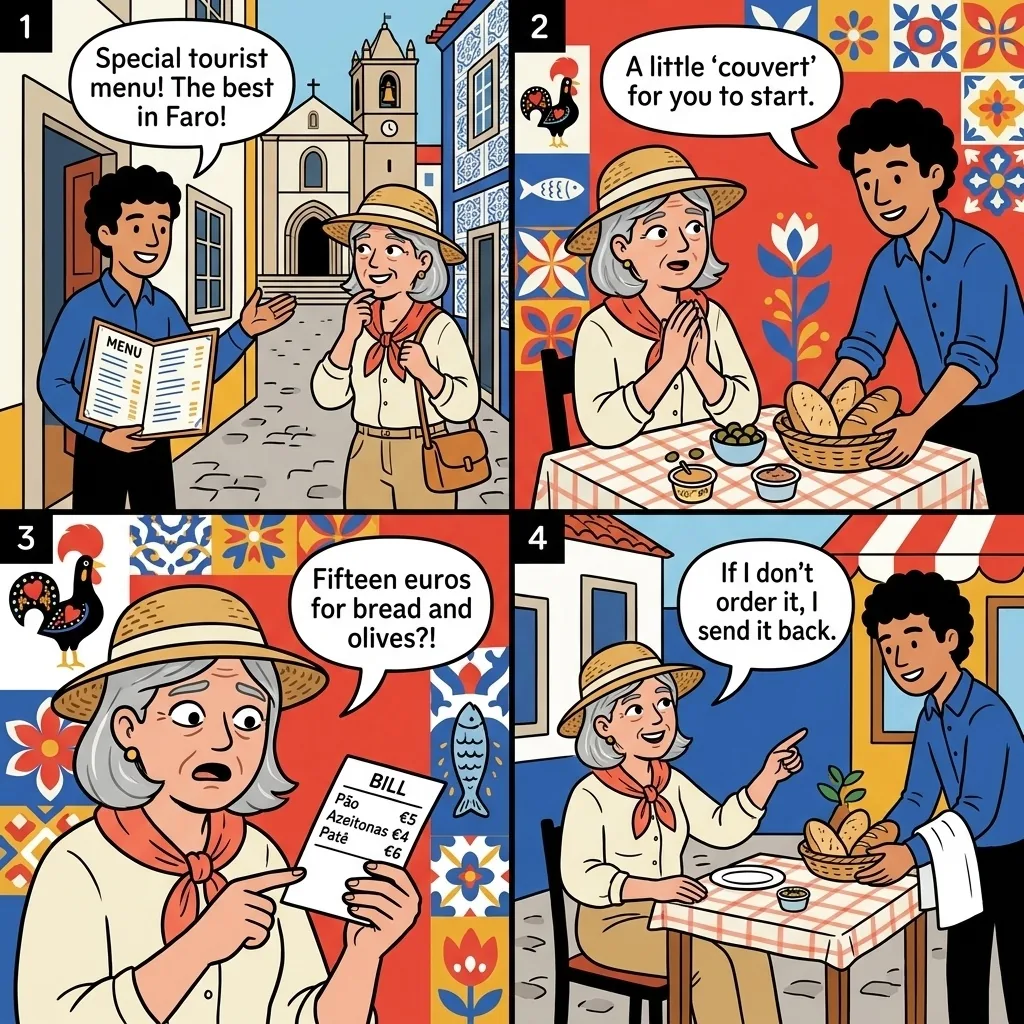 Faro Old Town Restaurant 'Complimentary Couvert' & Tourist-Menu Inflation — comic illustration