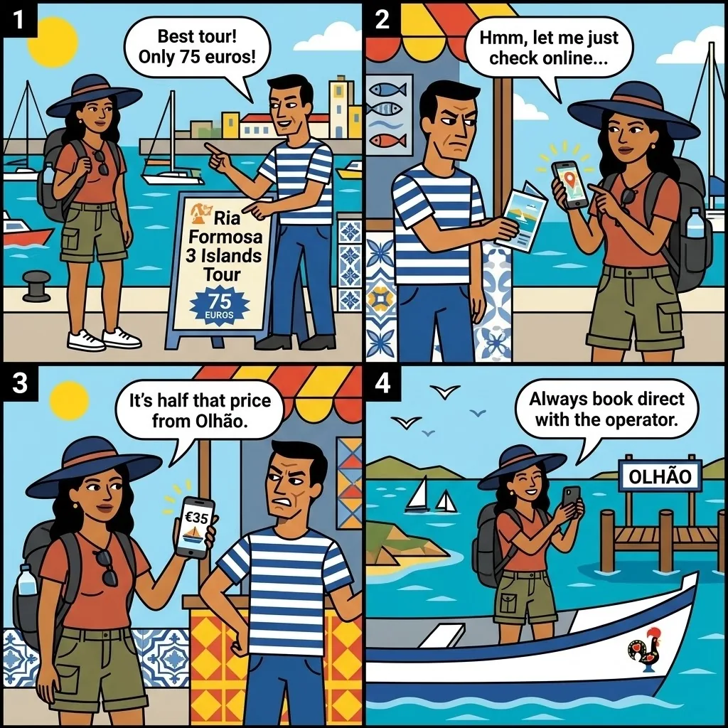 Ria Formosa Boat Tour Reseller Markup & Operator Shell Games — comic illustration