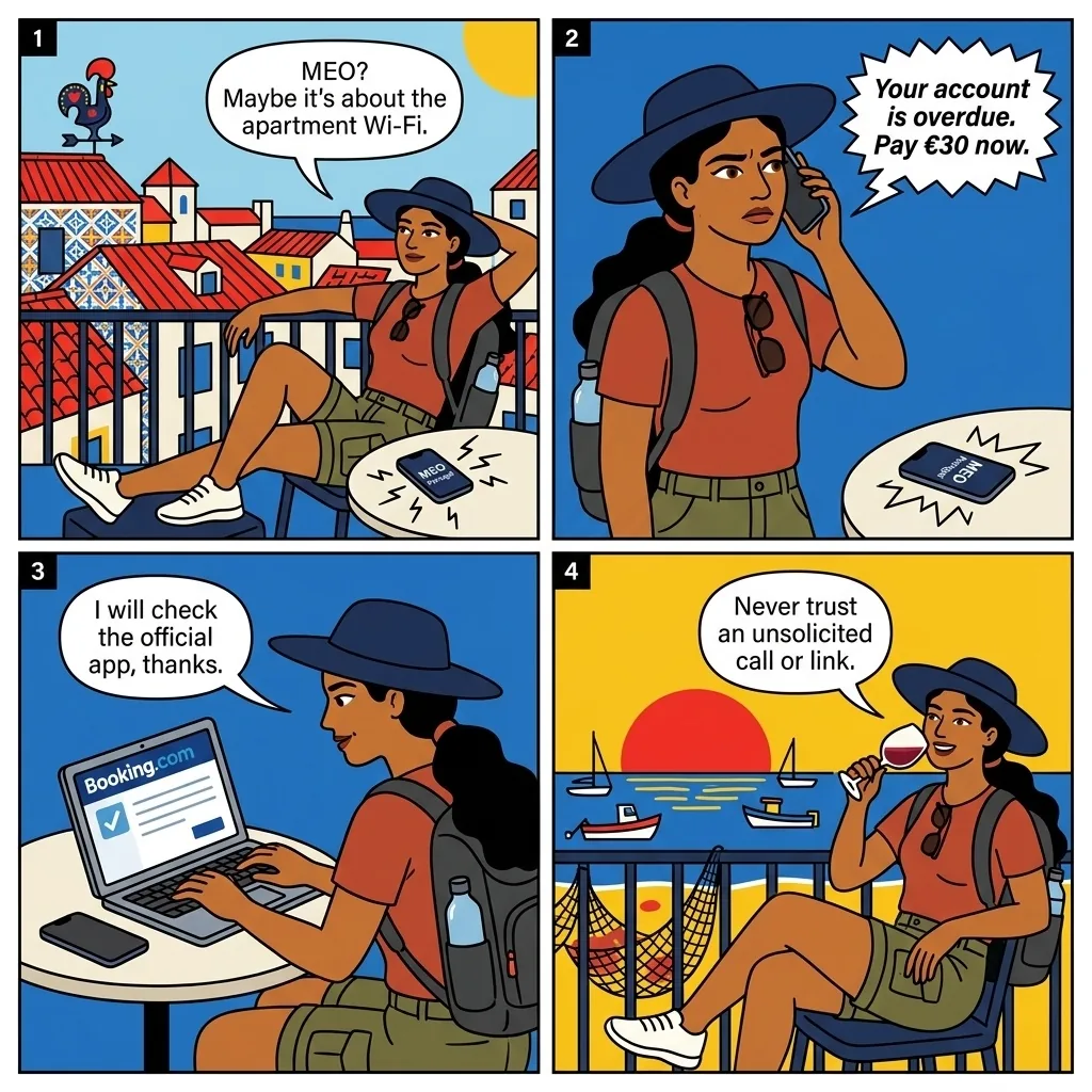 Algarve 'Caller-ID Spoofing' & Post-Arrival Phone Scams — comic illustration