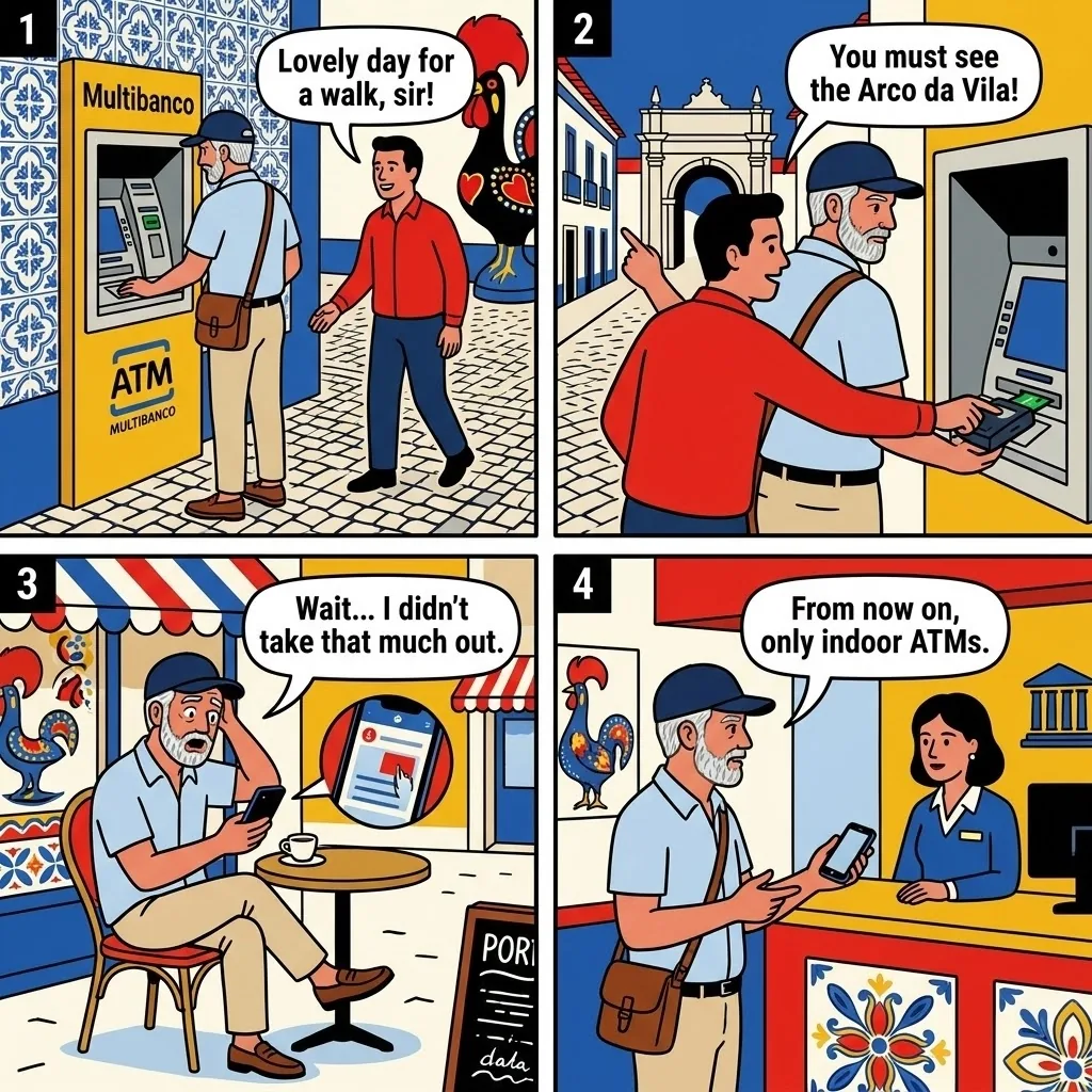 Jardim Manuel Bivar Distraction & Rua de Santo António ATM Skimmer — comic illustration