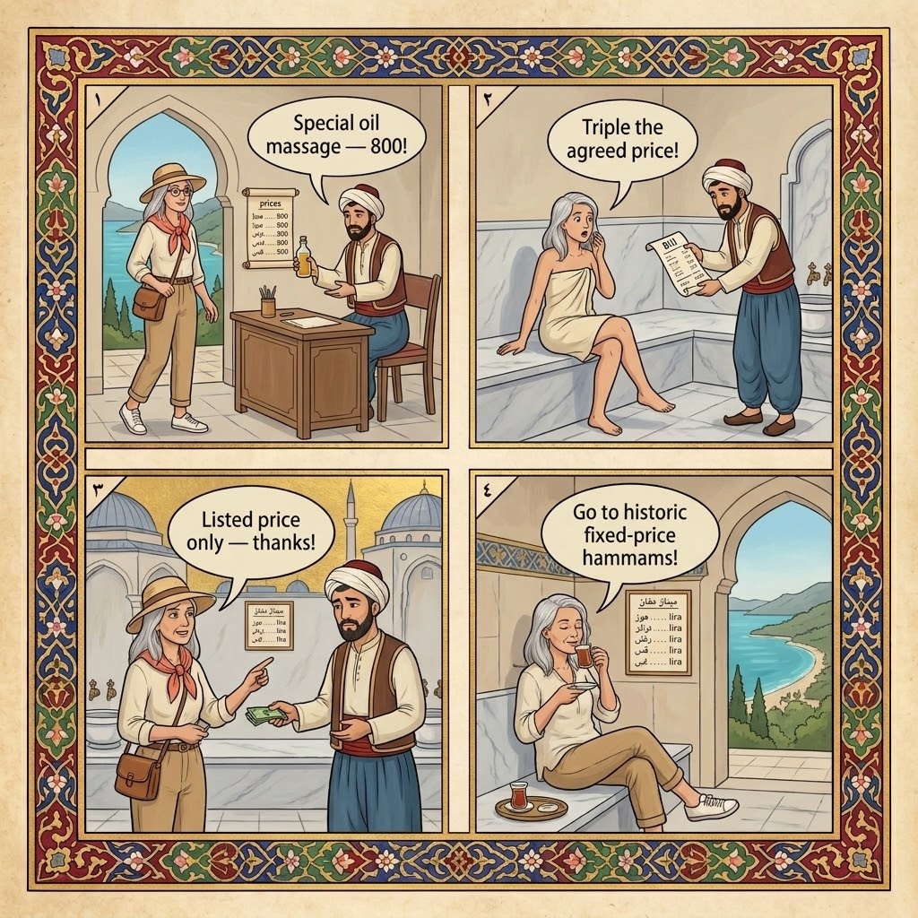 Hisarönü 'Authentic Turkish Bath' Hammam Upsells — comic illustration