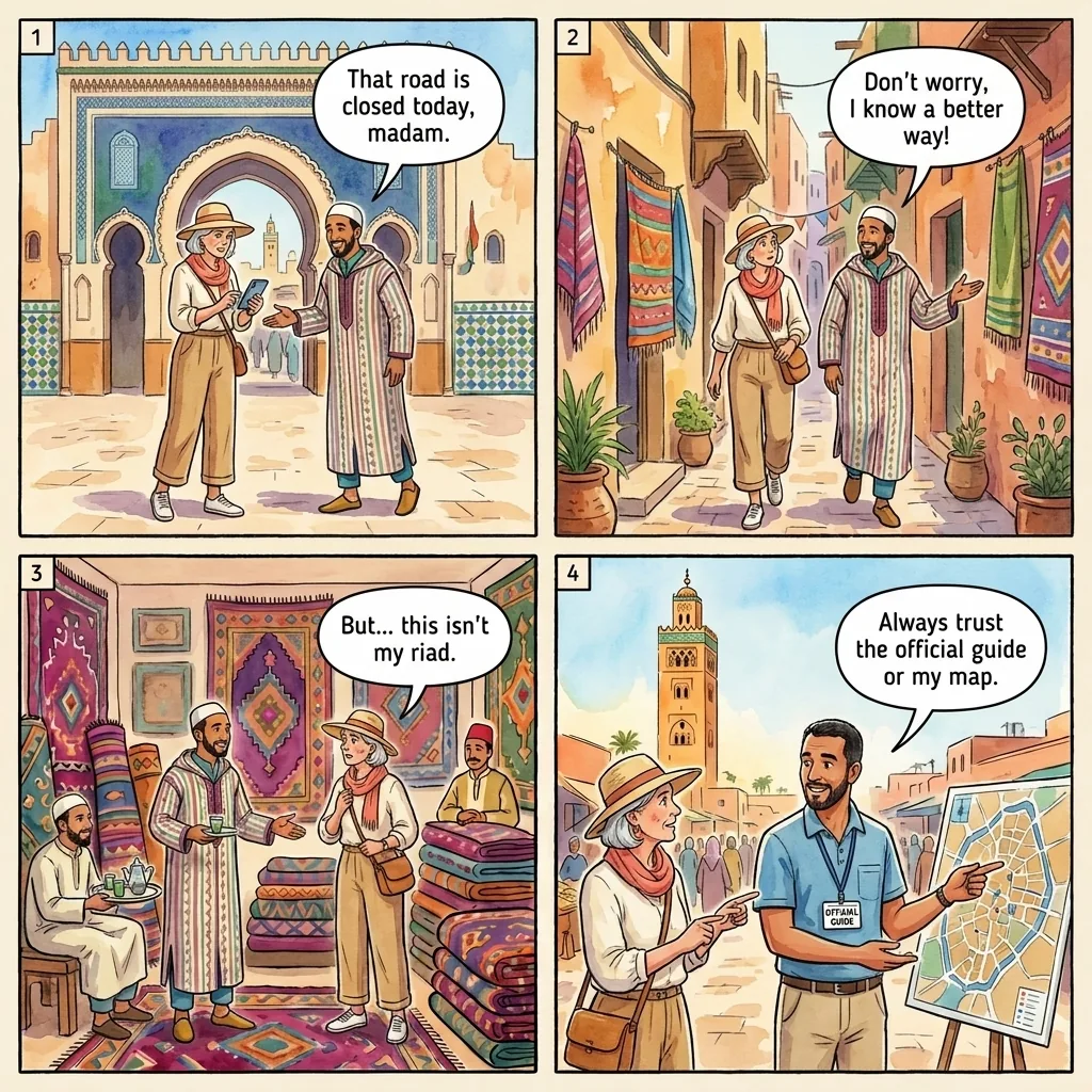 The 'Road Is Closed' False Guidance Scam — comic illustration