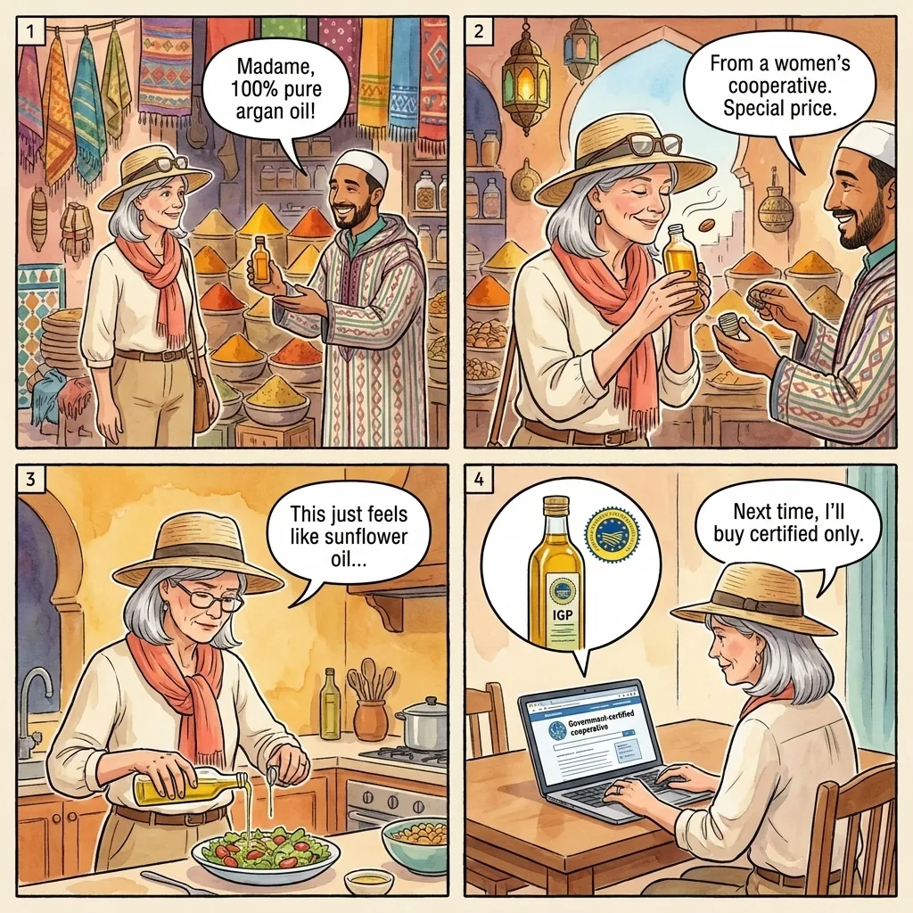 Counterfeit Argan Oil and Spice Products — comic illustration