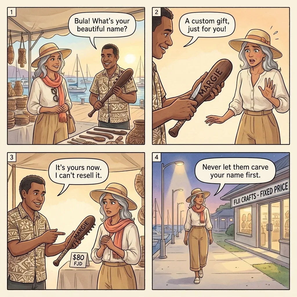 The Nadi Pre-Carved 'Sarah' Souvenir Hustle — comic illustration