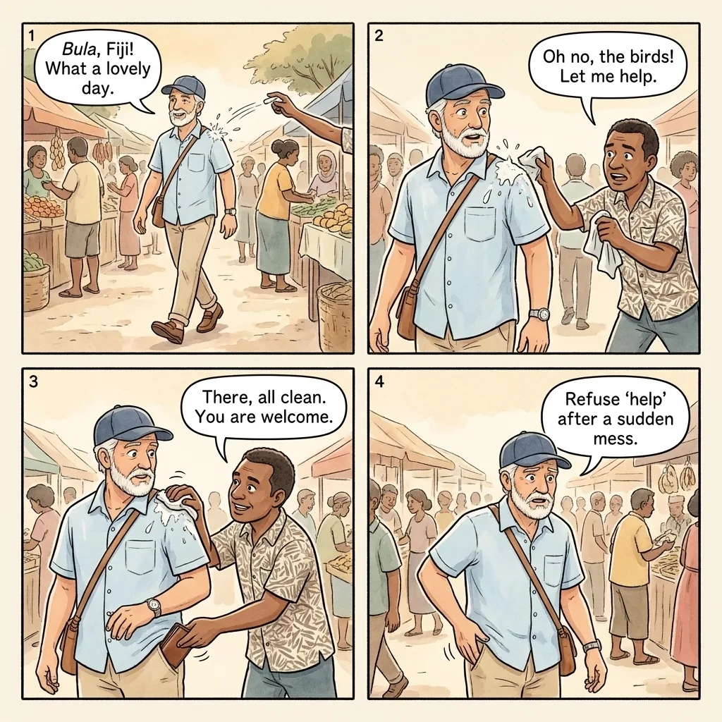 The Nadi 'Bird Dropping' Cleanup Pickpocket — comic illustration
