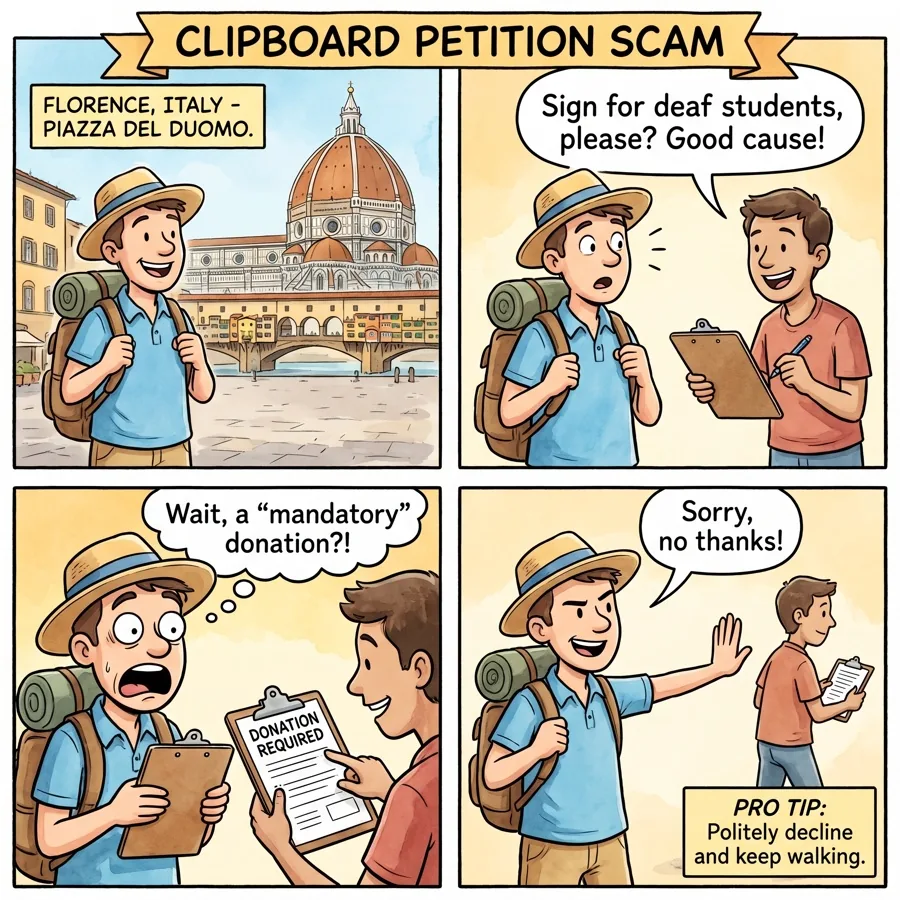 Clipboard Petition Scam — comic illustration