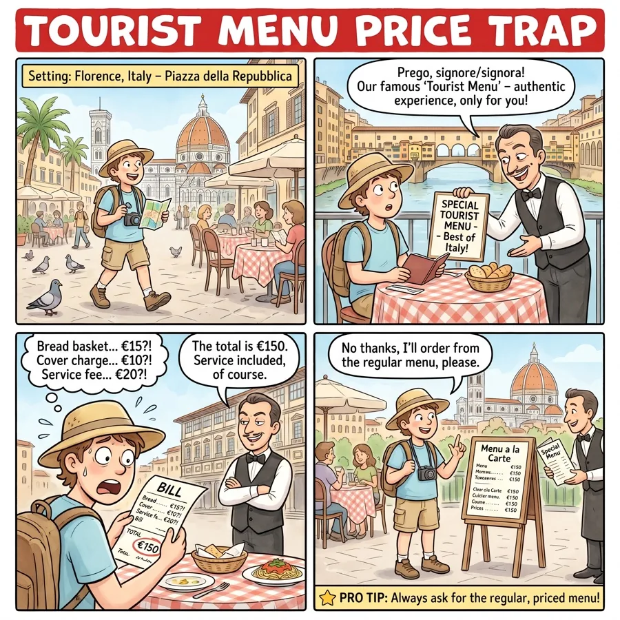 Tourist Menu Price Trap — comic illustration
