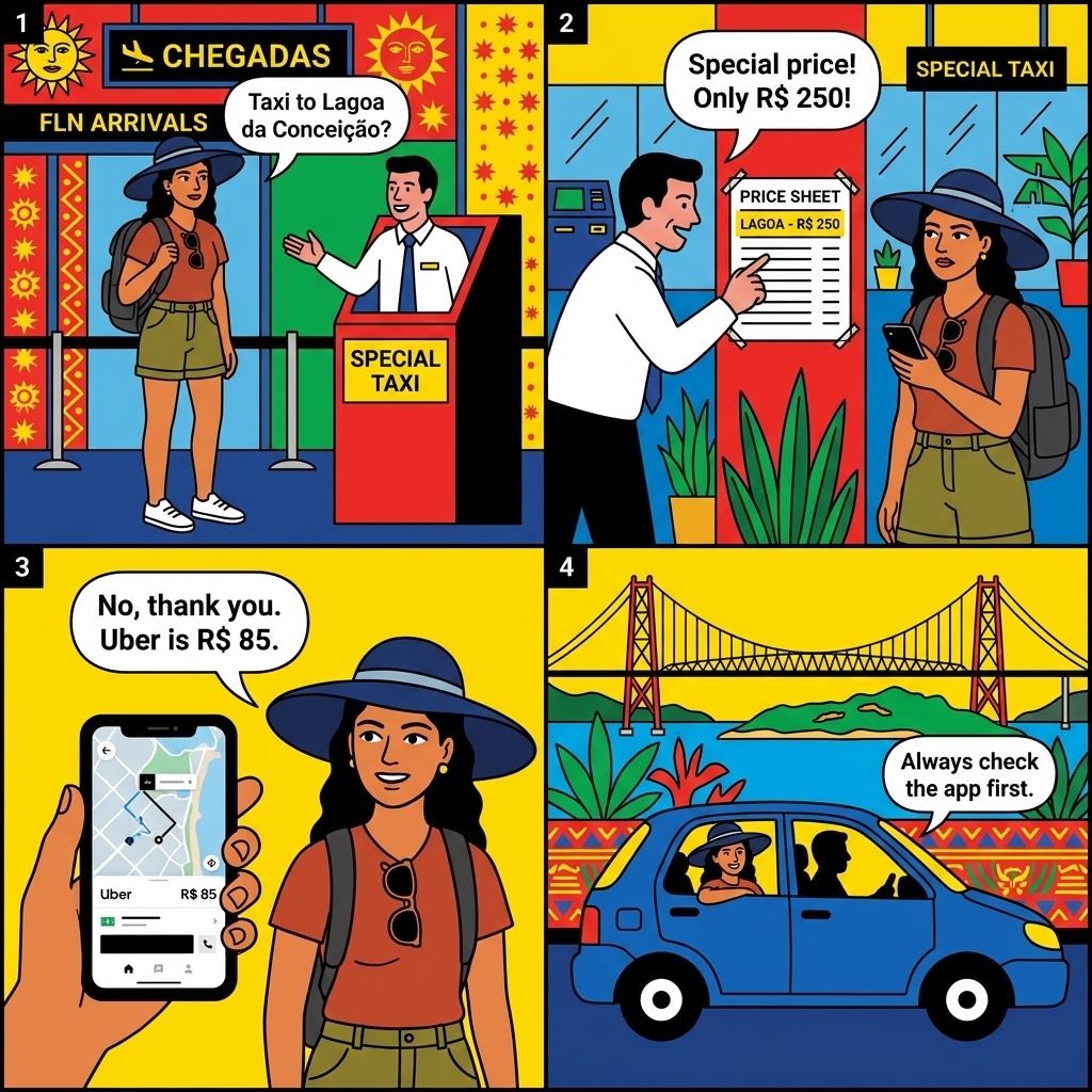 Florianópolis Hercílio Luz Airport (FLN) Taxi Mafia & Beach Transfer Overcharge — comic illustration